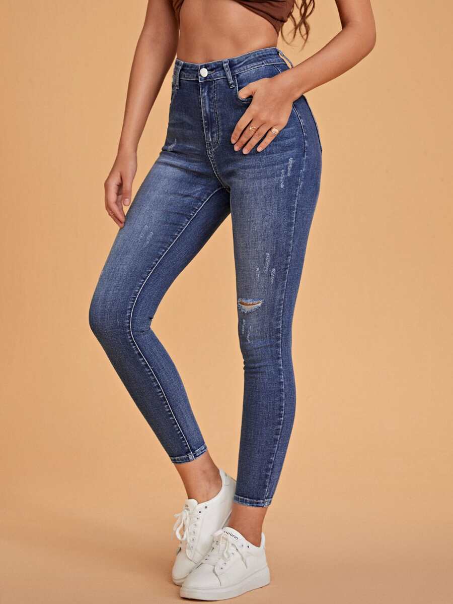 High Waist Ripped Skinny Jeans - Medium Wash - View 1