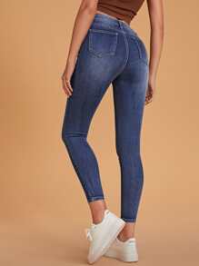 High Waist Ripped Skinny Jeans - Medium Wash - View 2