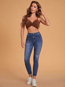 High Waist Ripped Skinny Jeans - Medium Wash - View 3