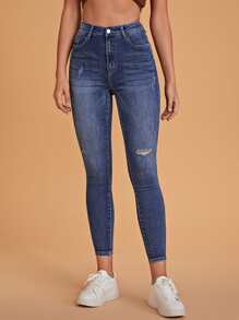 High Waist Ripped Skinny Jeans - Medium Wash - View 4
