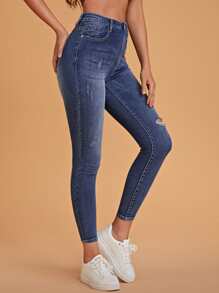 High Waist Ripped Skinny Jeans - Medium Wash - View 5