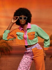 Spagnelli 撞色和標語圖案翻蓋口袋毛邊緣夾克 - 彩色 - 查看 1