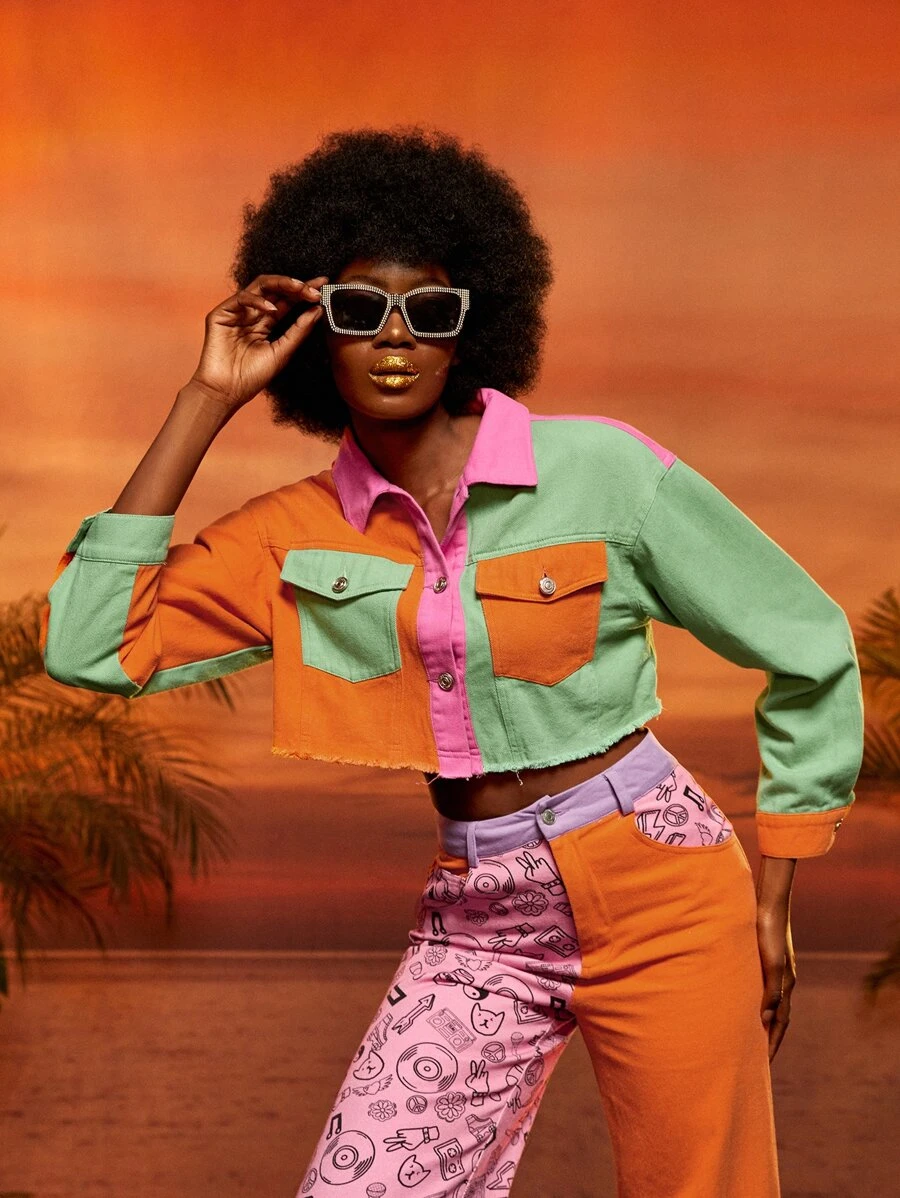 Spagnelli 撞色和標語圖案翻蓋口袋毛邊緣夾克 - 彩色 - 查看 1