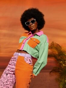 Spagnelli 撞色和標語圖案翻蓋口袋毛邊緣夾克 - 彩色 - 查看 4