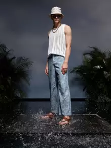 Credo Men Graphic Print Wide Leg Trousers - Dusty Blue - View 1