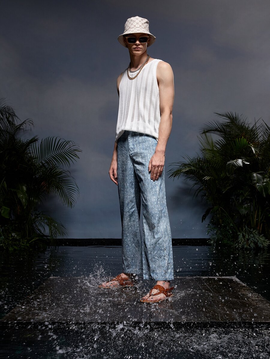 Credo Men Graphic Print Wide Leg Trousers - Dusty Blue - View 1