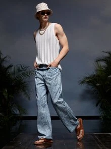 Credo Men Graphic Print Wide Leg Trousers - Dusty Blue - View 3