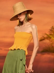 OSHEN 木耳邊打褶荷葉邊上衣 - 黃色 - 查看 1