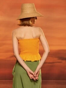 OSHEN 木耳邊打褶荷葉邊上衣 - 黃色 - 查看 2