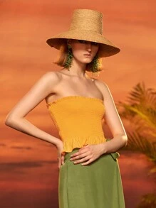 OSHEN 木耳邊打褶荷葉邊上衣 - 黃色 - 查看 3