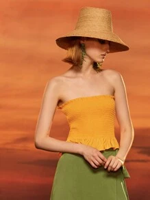 OSHEN 木耳邊打褶荷葉邊上衣 - 黃色 - 查看 5