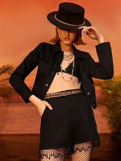 RAUL OROZCO Shorts de talle alto bajo con fleco sin cinturón