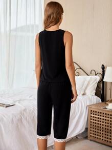Lace Trim Tank PJ Set - Black - View 2