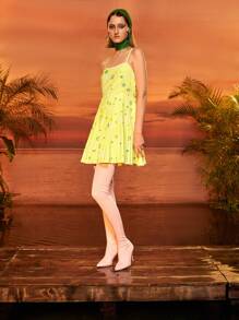 Janie Hao Graphic Print Pleated Hem Cami Dress - Yellow - View 3