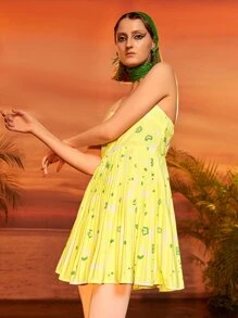 Janie Hao Graphic Print Pleated Hem Cami Dress - Yellow - View 5