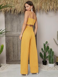 SHEIN Conjunto top de tirantes corto de pecho fruncido ribete fruncido con pantalones - Amarillo - Ver 2
