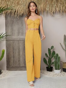 SHEIN Conjunto top de tirantes corto de pecho fruncido ribete fruncido con pantalones - Amarillo - Ver 3