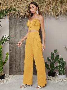 SHEIN Conjunto top de tirantes corto de pecho fruncido ribete fruncido con pantalones - Amarillo - Ver 4