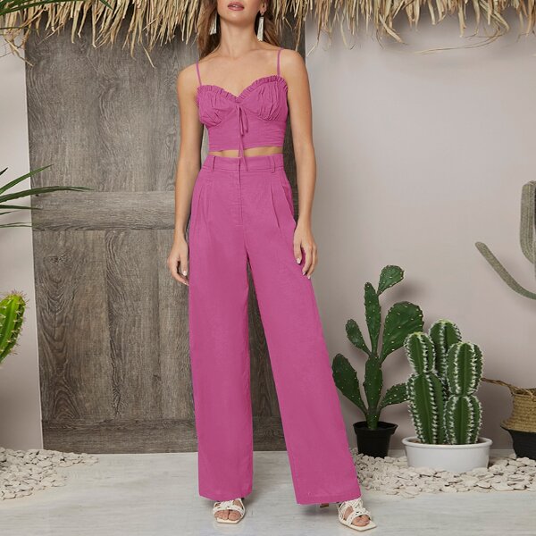 

Frill Trim Ruched Bust Crop Cami Top & Palazzo Pants Set, Purple