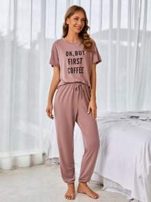 Slogan Graphic Drop Shoulder Tee & Trousers Lounge Set - Dusty Pink - View 1