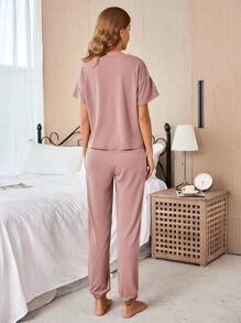 Slogan Graphic Drop Shoulder Tee & Trousers Lounge Set - Dusty Pink - View 2