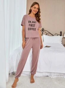 Slogan Graphic Drop Shoulder Tee & Trousers Lounge Set - Dusty Pink - View 4