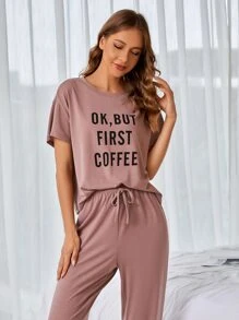 Slogan Graphic Drop Shoulder Tee & Trousers Lounge Set - Dusty Pink - View 5