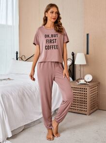 Slogan Graphic Drop Shoulder Tee & Trousers Lounge Set - Dusty Pink - View 6