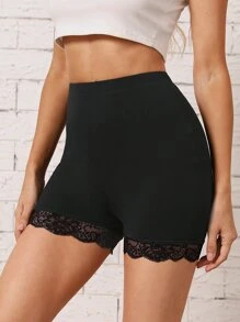 SHEIN LUNE Lace Trim Biker Shorts - Black - View 2