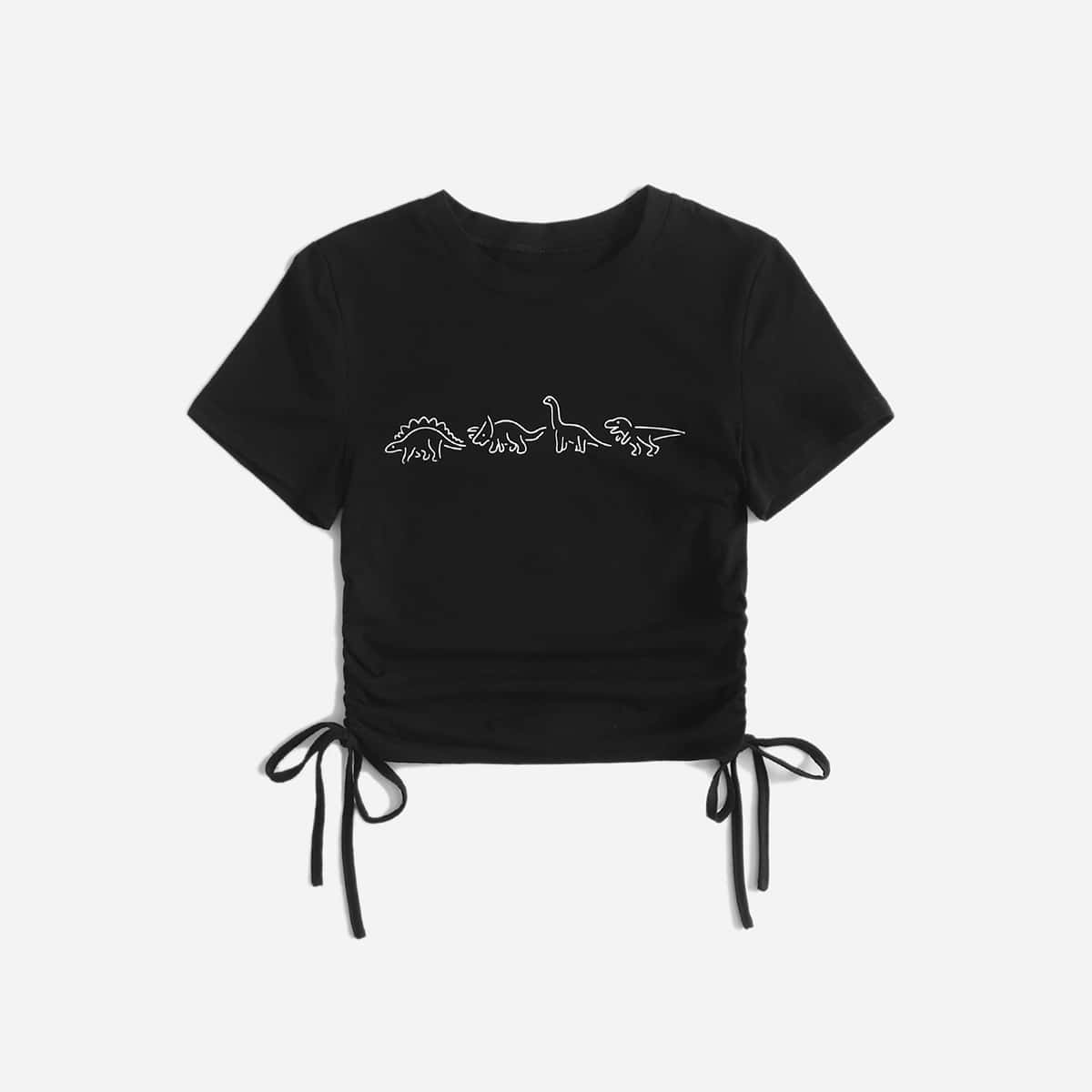 

Cartoon Graphic Drawstring Side Tee, Black