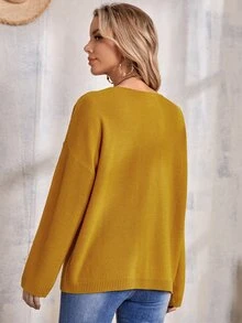 SHEIN V Neck Drop Shoulder Jumper - Mustard Yellow - View 6