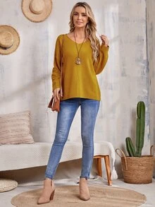 SHEIN V Neck Drop Shoulder Jumper - Mustard Yellow - View 9