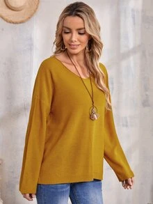 SHEIN V Neck Drop Shoulder Jumper - Mustard Yellow - View 8