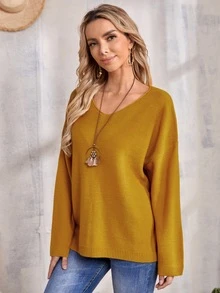 SHEIN V Neck Drop Shoulder Jumper - Mustard Yellow - View 7