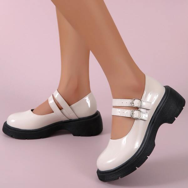 

Minimalist Buckle Decor Mary Janes, Beige