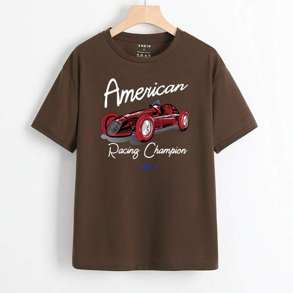 

Racing Car And Letter Graphic Drop Shoulder Tee, Coffee brown