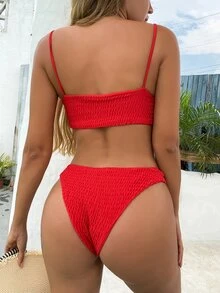 Plain Smocked Bikini For Summer Beach Vacation - Red - View 2