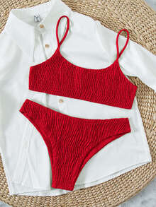 Plain Smocked Bikini For Summer Beach Vacation - Red - View 4