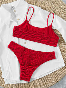 Plain Smocked Bikini For Summer Beach Vacation - Red - View 5
