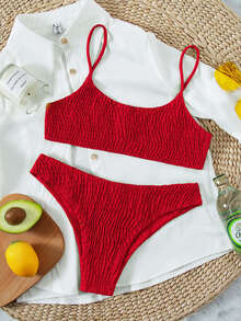Plain Smocked Bikini For Summer Beach Vacation - Red - View 6