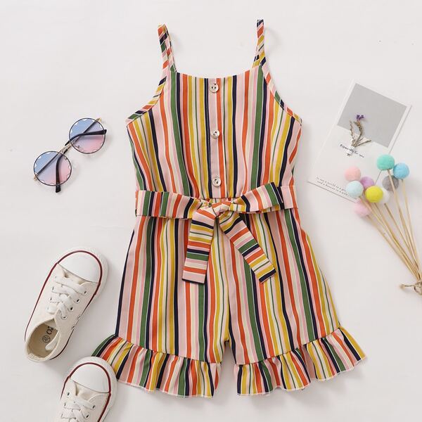 

Toddler Girls Rainbow Stripe Belted Cami Romper, Multicolor