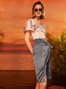 Madina 梨細節圍裹直筒半身裙 - 灰色 - 查看 3