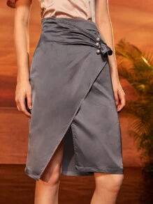 Madina 梨細節圍裹直筒半身裙 - 灰色 - 查看 4