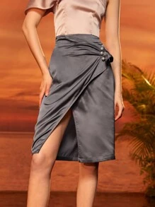 Madina 梨細節圍裹直筒半身裙 - 灰色 - 查看 6