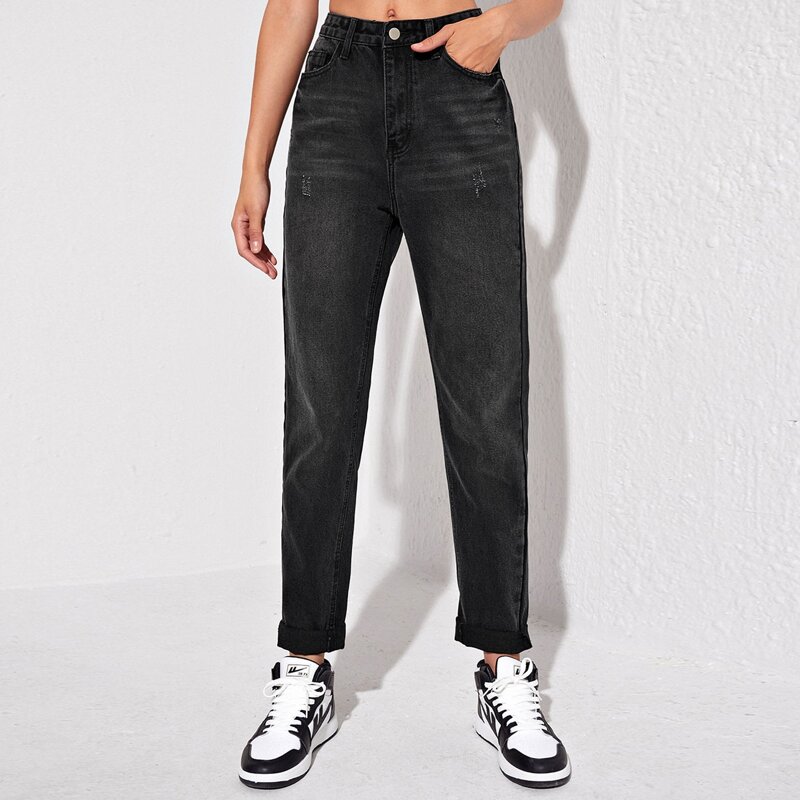 

High Waist Stone Wash Jeans, Black