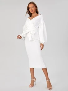 SHEIN Tall Surplice Neck Drop Shoulder Belted Dress