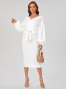 SHEIN Tall Surplice Neck Drop Shoulder Belted Dress