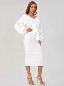 SHEIN Tall Surplice Neck Drop Shoulder Belted Dress