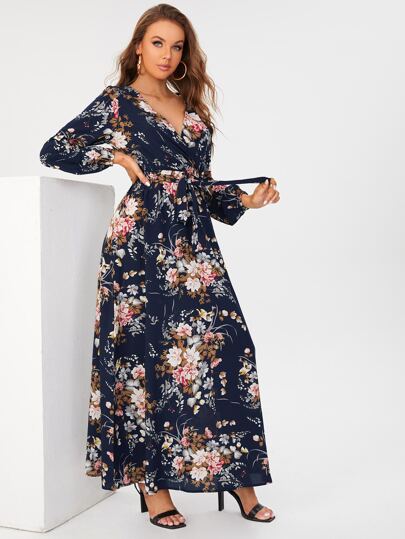 SHEIN Tall Floral Print Belted Dress