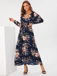 SHEIN Tall 印花繫腰帶連衣裙 - 彩色 - 查看 4